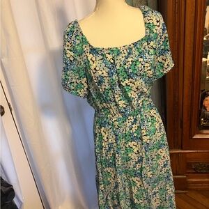 LOFT Floral Blue and Green Midi Dress